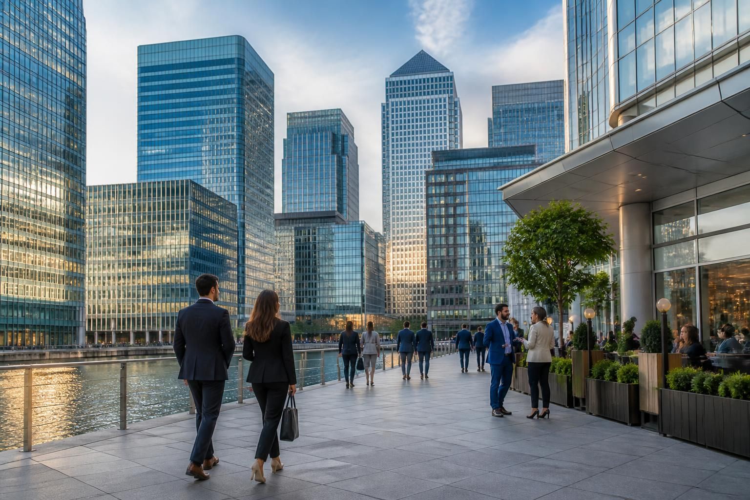 Modern Canary Wharf skyline with a professional atmosphere.
