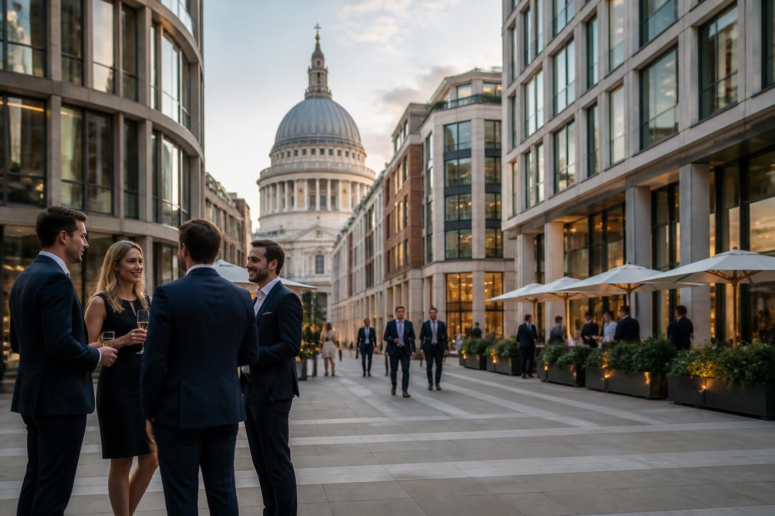 Elegant commercial district scene in the City of London.