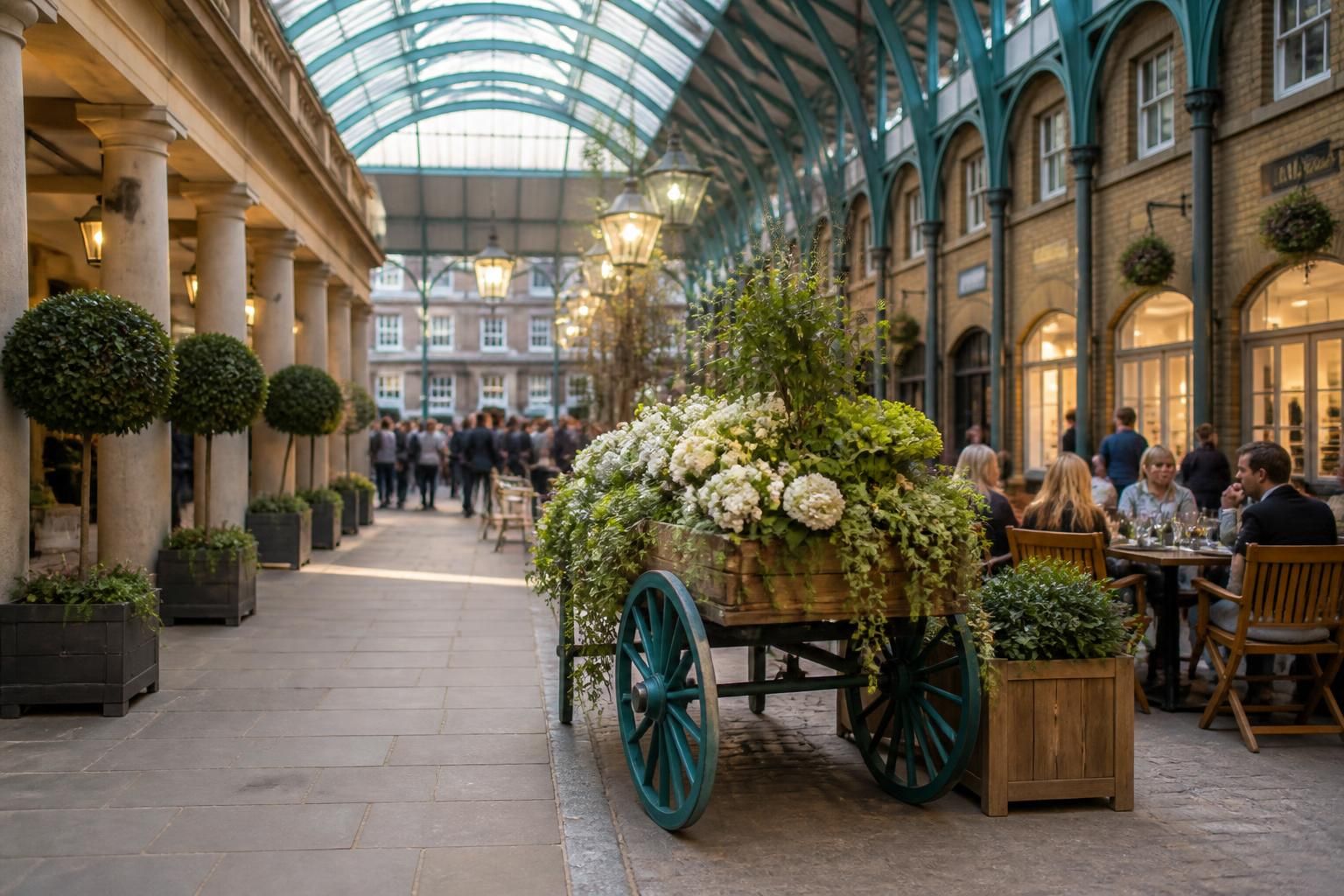 Charming Covent Garden scene with market architecture.