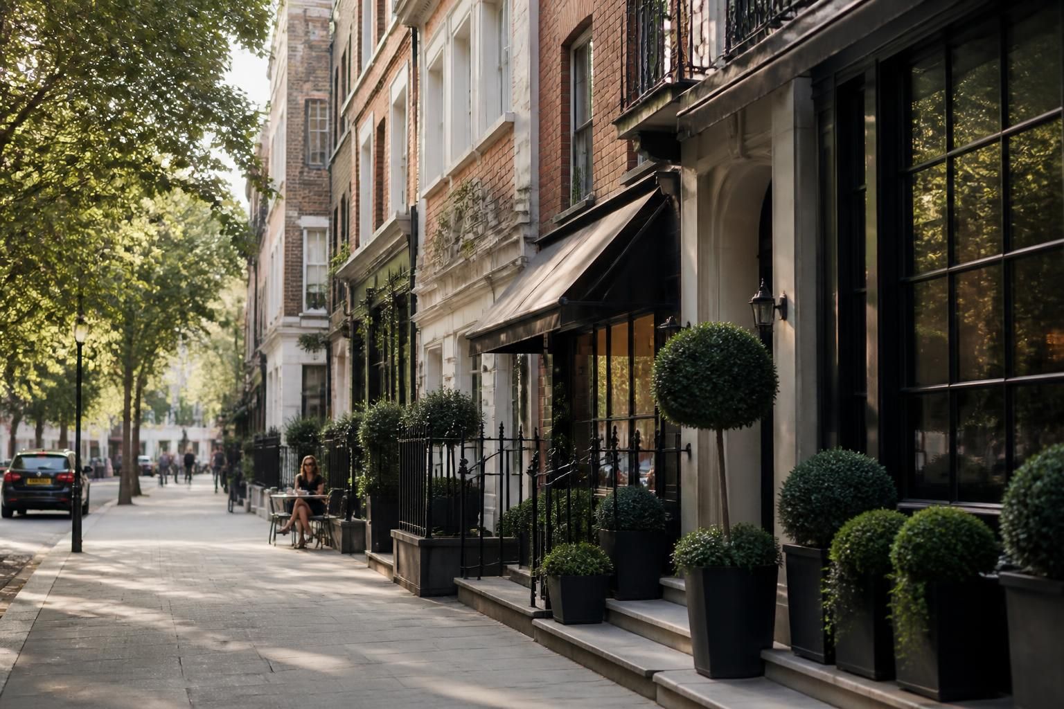Elegant Fitzrovia streetscape with a stylish neighborhood feel.