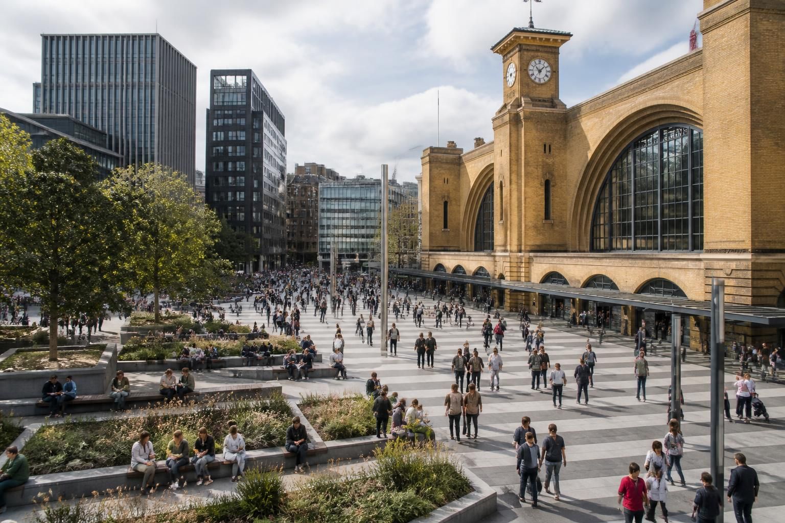 Contemporary King's Cross urban scene with open public spaces.