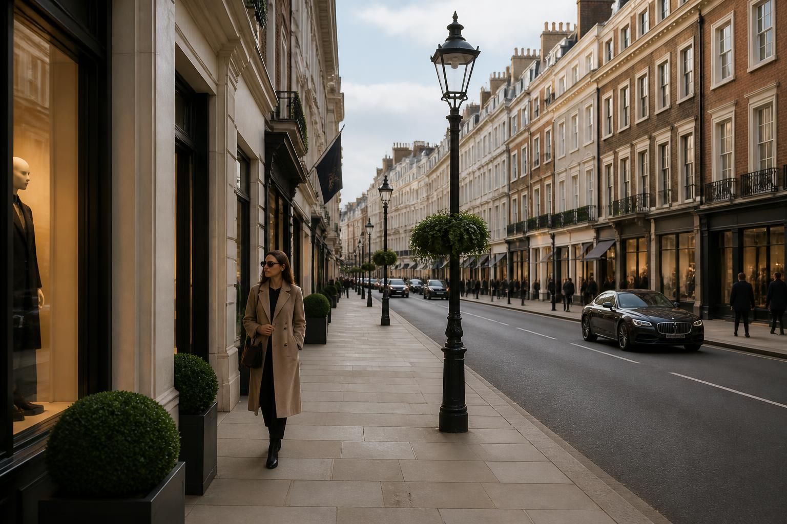 Refined Mayfair streetscape with luxury storefronts.