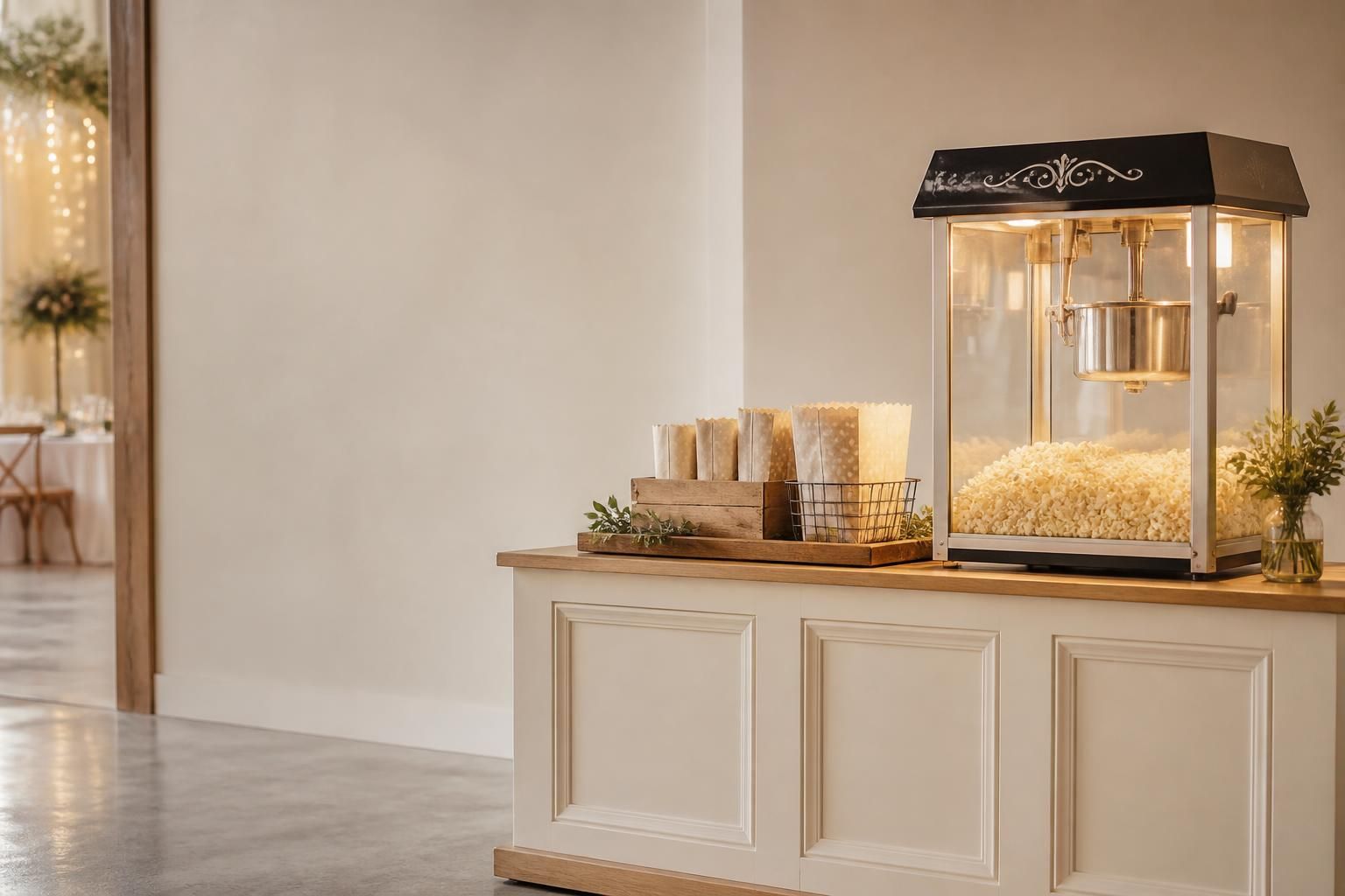Popcorn station in a celebration venue with space for website text.