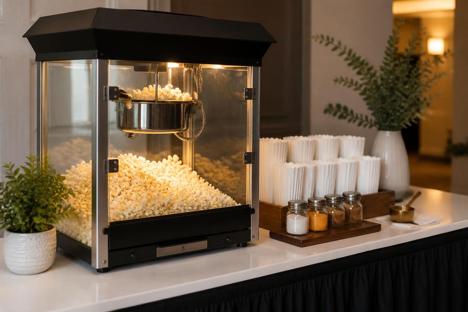 Professional popcorn station set up for an event.