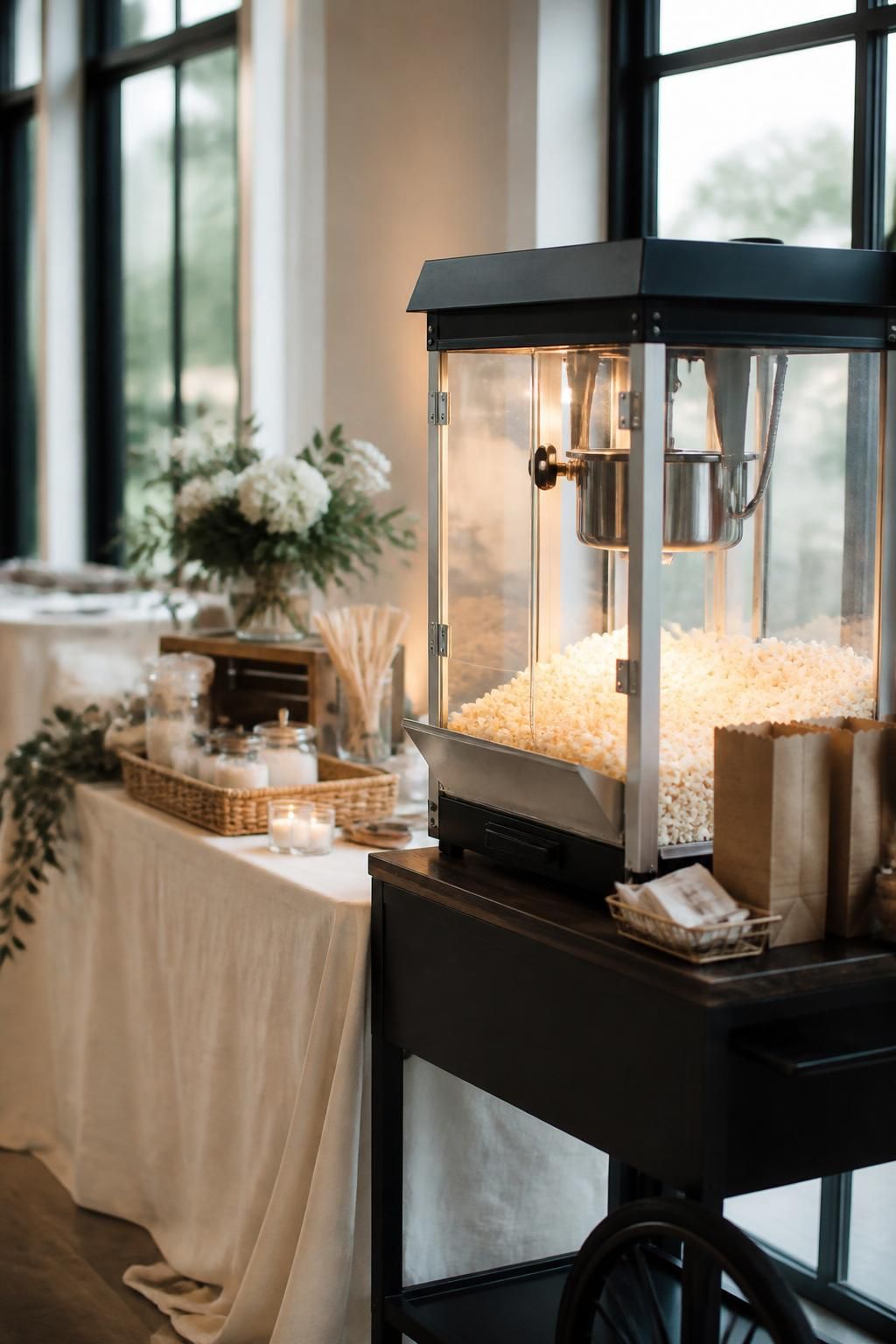 Neatly presented popcorn machine setup in a modern event space.