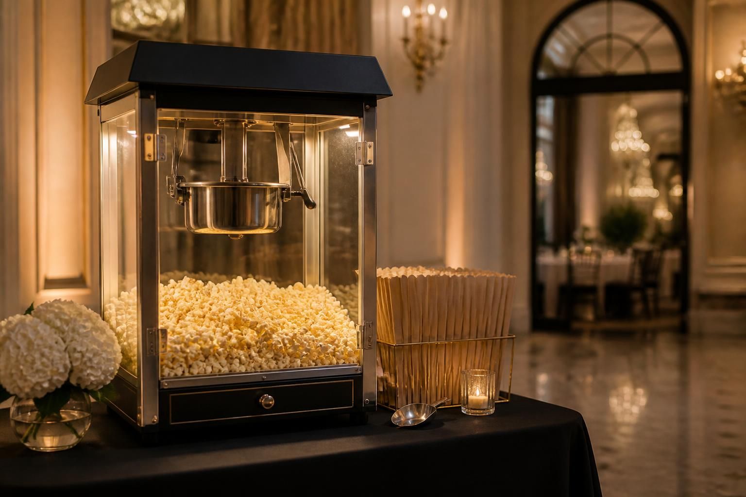 Finished popcorn machine hire setup at an elegant event venue.