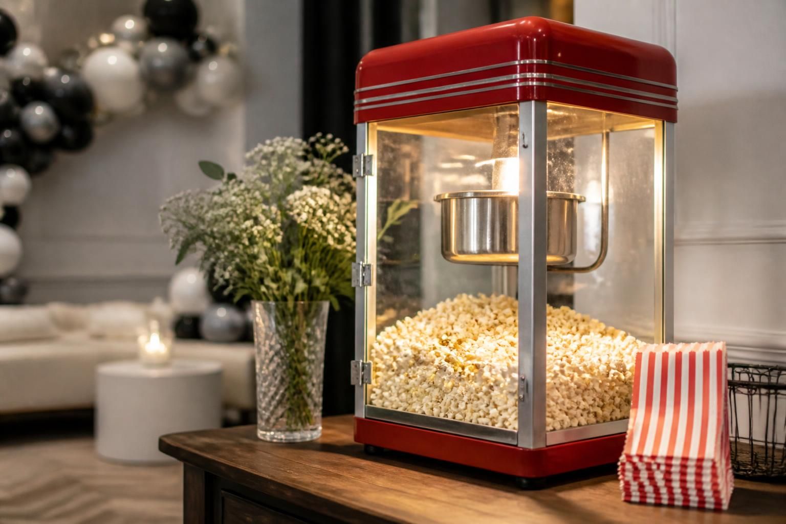Retro popcorn machine in a modern party venue.