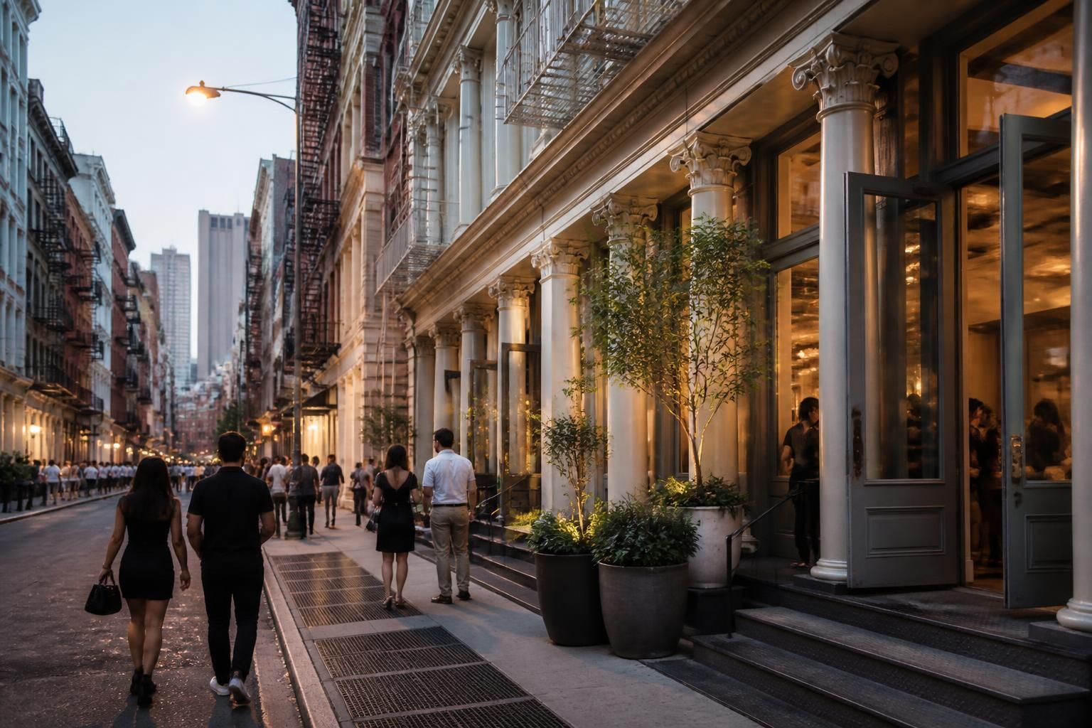 Stylish Soho streetscape with lively entertainment district energy.