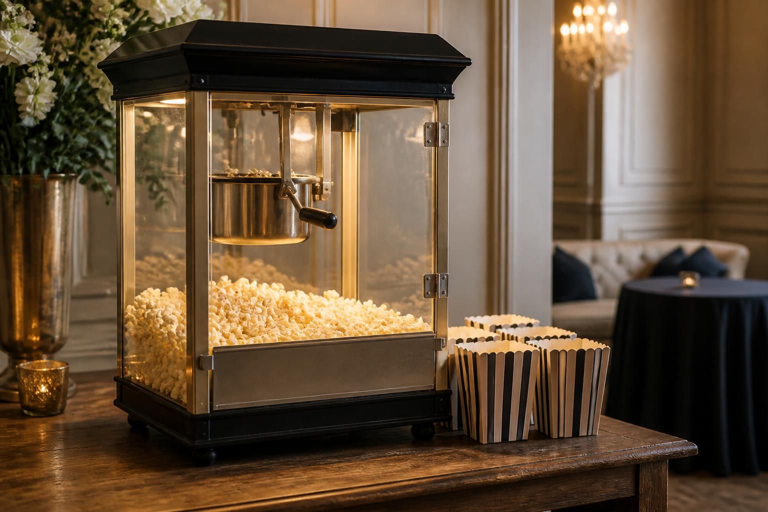 Vintage popcorn machine styled for a polished event setting.